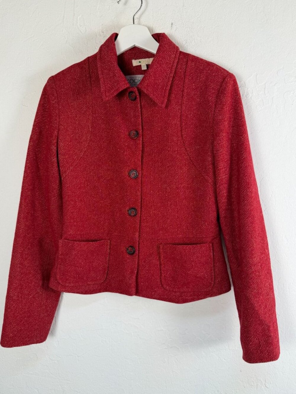 Kookai Womens Red Tweed Wool Blend Cropped Blazer Jacket Size 38 / Small Lined
